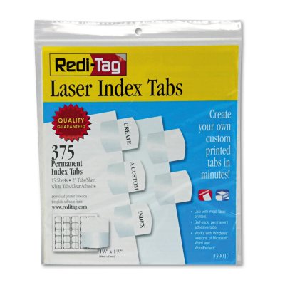 Redi-Tag - Laser Printable Index Tabs, 1 1/8 x 1 1/4, White -  375/Pack