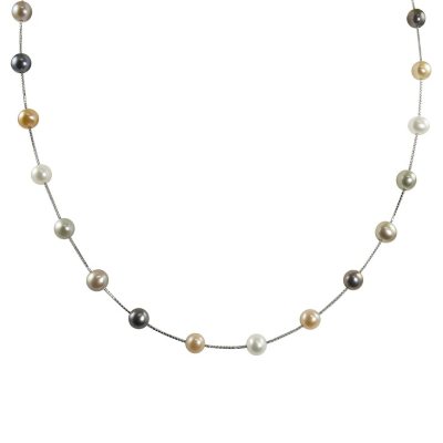14K White Gold Freshwater Pearl Station Necklace - 17
