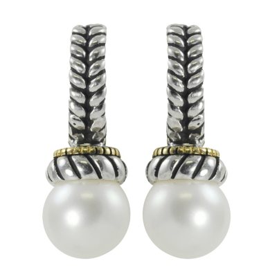 White Freshwater Cultured Pearl Earrings in 14K Yellow Gold & Sterling Silver  