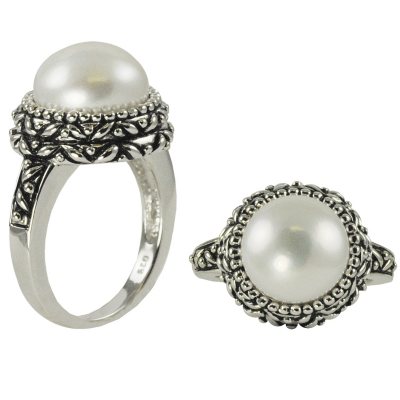 White Cultured Freshwater Button-Shaped Pearl Ring in Sterling Silver