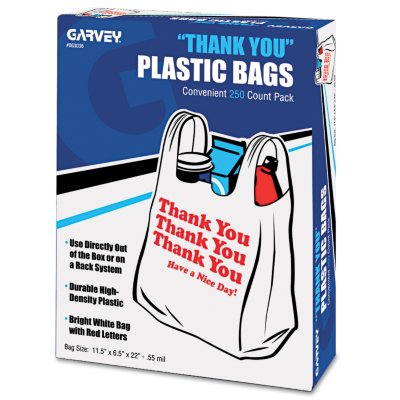 Cosco "Thank You" Bags, Printed, Plastic, .5mil, 11 x 22, White, 250 per Box