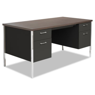 Alera - Double Pedestal Steel Desk, 60" - Black / Walnut