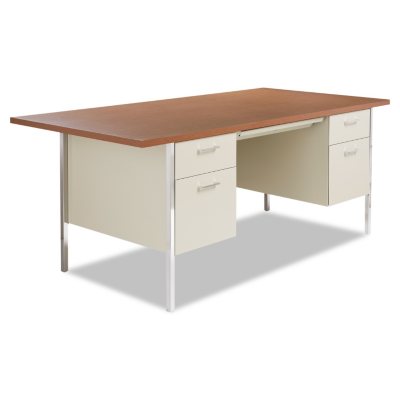Alera Double Pedestal Steel Desk, Oak/Putty