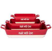 Delight friends and family with this vintage-inspired 3-Piece Baker Set. Handcrafted from ultra-durable ceramic, this set seamlessly goes from oven to table and is microwave-safe, making it perfect for baking and storing leftovers. "Made With Love" is stamped onto the side of each baker so everyone knows it was prepped, served and made with love! Set includes, 1 Large 14.5" x 8" x 2.75", 1 Medium 11.5" x 5.875" x 2.25", and 1 Small 8.25" x 4.125" x 2.5".