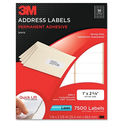 3M Permanent Adhesive White 1" x 2 5/8" Mailing Labels for Laser Printers - 7,500 pk.