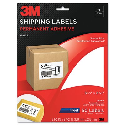 3M - Inkjet Shipping Labels, Half Sheet, White - 50 Labels