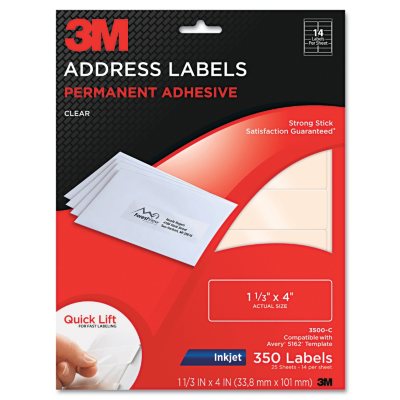 3M Permanent Adhesive Clear 1 1/3" x 4" Mailing Labels for Laser ...