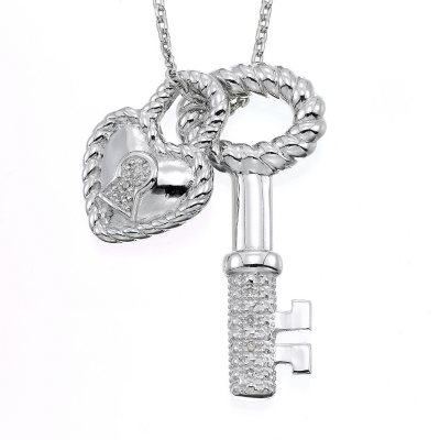 Sterling Silver & Diamond Accent Oval Key and Heart Lock Pendant