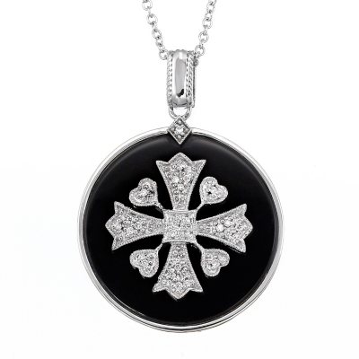 Sterling Silver with 0.12 ct. t.w. Diamond & Onyx Cross Pendant (H-I, I1)