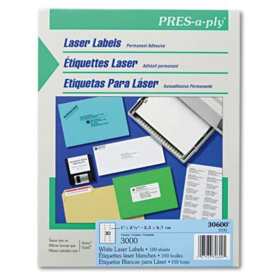 Avery Pres-A-Ply - Laser Address Labels, 1 x 2-5/8", White - 3,000 Labels