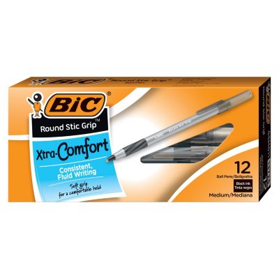 BIC - Ultra Round Stic Grip Ballpoint Stick Pen, Black Ink, Medium - 12 Pens