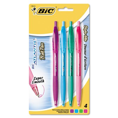 BIC - Atlantis Ballpoint Retractable Fashion Pen, Assorted Ink, Medium - 4 Pack