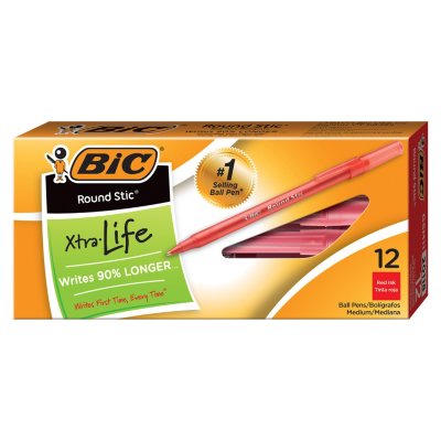 BIC Round Stic Xtra Precision & Xtra Life Ballpoint Pen, 1mm, Medium, Red, 12pk.