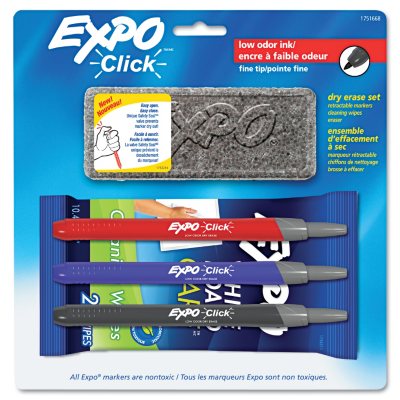 EXPO - Click Dry Erase Marker Starter Set, Eraser/Wipes/Markers, Fine, Assorted - 3 per Pack