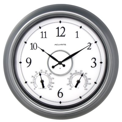 UPC 072397754552 product image for AcuRite 18-inch Pewter Illuminated Outdoor Wall Clock with Thermometer and Hygro | upcitemdb.com