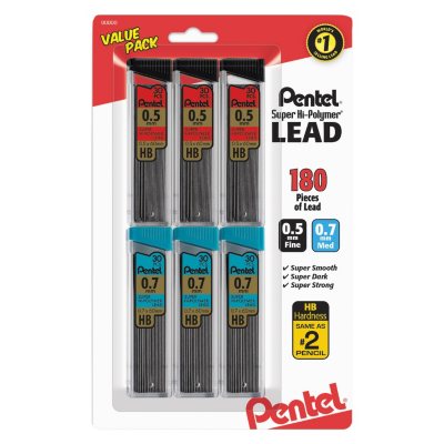 Pentel Super Hi-Polymer HB Lead Refills, 0.5mm & 0.7mm, Black, 30 Lead Pieces per Tube, 6 pk.