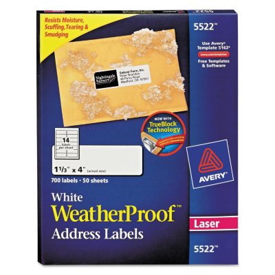 Avery 5522 - Laser WeatherProof Address Labels, 1-1/3 x 4