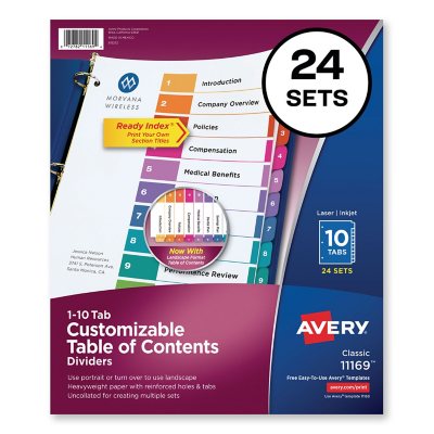 Avery Ready Index Table/Contents Dividers, 10-Tab, 1-10, Letter, Assorted, 24 Sets/Box