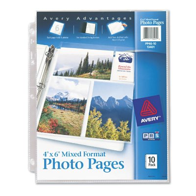 Avery Photo Pages for Six 4 x 6 Mixed Format Photos, 3-Hole Punched - 10/Pack