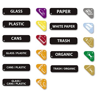 Rubbermaid Commercial Recycle Label Kit - 44 labels in 3 languages - 8" x 1 1/2"