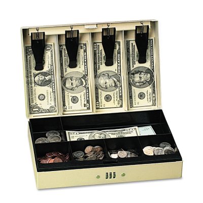 PM Company Steel Cash Box with 6 Compartments, 3-Number Combination Lock - Pebble Beige
