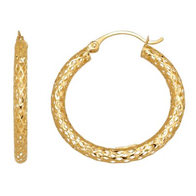 3x28.5mm Diamond Cut Glitter Mesh Hoop Earring in 14K Yellow Gold