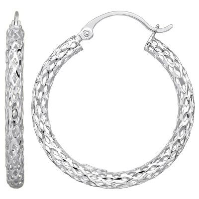 3x28.5mm Diamond Cut Glitter Mesh Hoop Earring in 14K White Gold