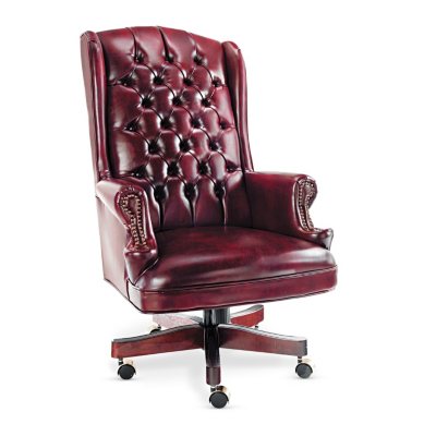 Alera - Traditional Series Wing-Back Swivel/Tilt Chair, Mahogany Finish/Oxblood Vinyl