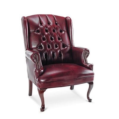 Alera - Traditional Series Wing-Back Arm Chair, Mahogany Finish/Oxblood Vinyl