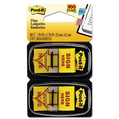 Post-it 1" Flags, "Sign Here", Yellow, 2 50-Flag Dispensers / pk.