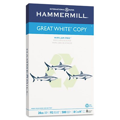 Hammermill - Great White 30% Recycled Copy Paper, 20lb, 92 Bright, 8-1/2 x 14