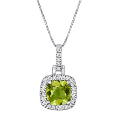 Cushion-Cut Peridot and Diamond Pendant in 14k White Gold