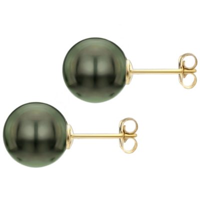 8-9 mm Black Grade AAA Round Tahitian Pearl Stud Earring with 14k Yellow Gold Post