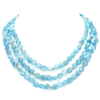 3-Row Coin Shaped Blue Aquamarine and 14k Yellow Gold Beads Necklace 