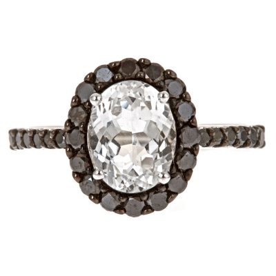 Color Jewels White Topaz and Black Diamonds Ring in 14k White Gold 