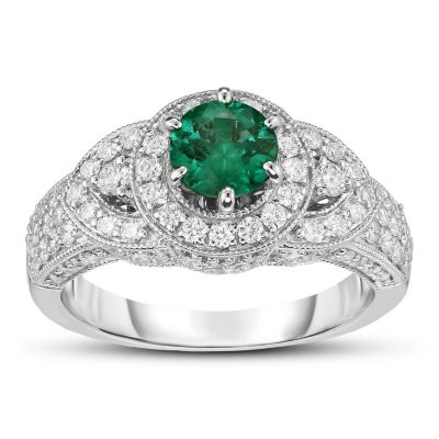 1.00 ct. Round Emerald Ring with Diamonds in 14k White Gold(G,SI2)