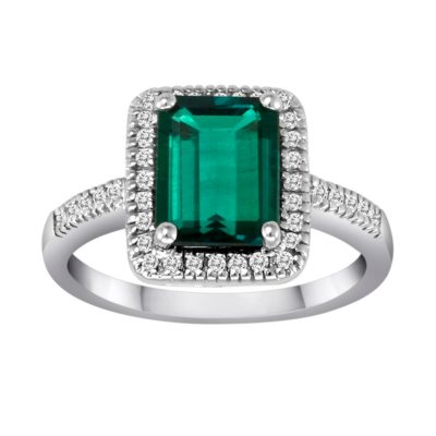 Lab Created Emerald and Diamond Ring in 14k White Gold