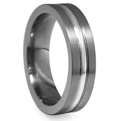 Gray Titanium Men's Band with Sterling Silver Inlay - 6 mm