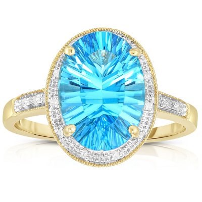 Oval Concave Cut Blue Topaz with Diamonds in 14K Yellow Gold