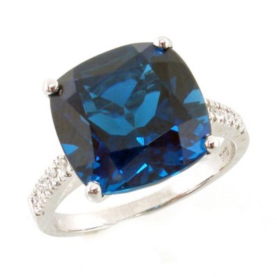 Cushion Cut London Blue Topaz Ring with Diamonds in 14K White Gold