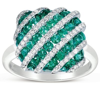 Round-Cut Emerald Ring with Diamonds in 14K White Gold (I, I1)