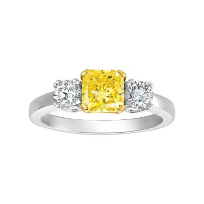 1.50 ct. tw. Round Brilliant Yellow and White Lab-Grown Diamond Three Stone Ring in 18K White Gold (Vivid Fancy Yellow, VS2)