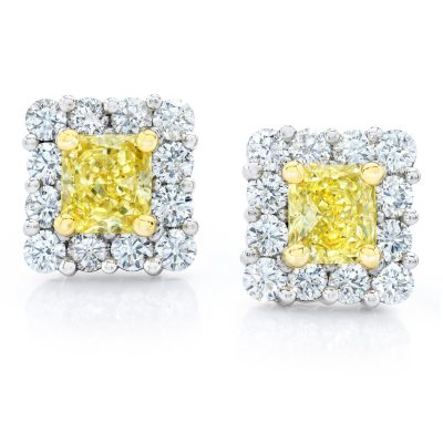 1.97 CT. TW. Radiant Cut Fancy Yellow Diamond Halo Earrings in Platinum