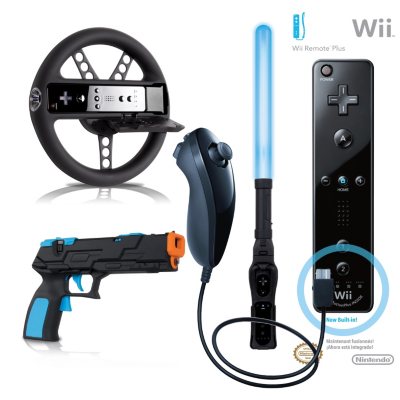 Black Wii Remote Plus and Nunchuk with 3-in-1 Attachment Pack