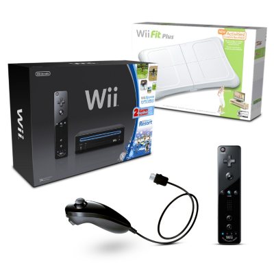 Black Wii Console (includes 1 remote and 1 nunchuk) with Wii Sports, Wii Sports Resort, Wii Fit Plus w/ Balance Board, 1 Remote and 1 Nunchuk