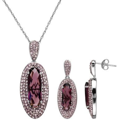 Purple and Light Purple Crystal Pendant and Earring Box Set in Sterling Silver