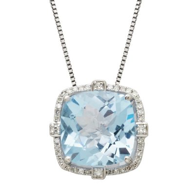 12mm Sky Blue Topaz Pendant  with 0.17 CT. T.W. Diamonds in Sterling Silver