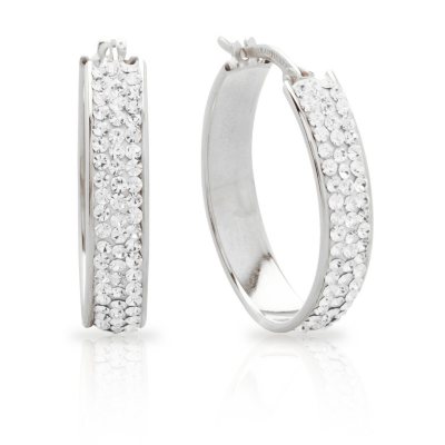 Love, Earth Genuine Swarovski Crystal Accented Oval Hoop Earrings in Sterling Silver and 14k White Gold