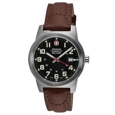 Wenger Swiss Military Classic Field Watch with Black Dial and Brown Strap