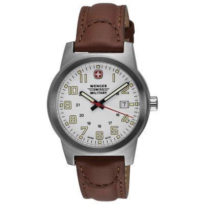 Wenger Swiss Military Classic Field Watch with White Dial and Brown Strap